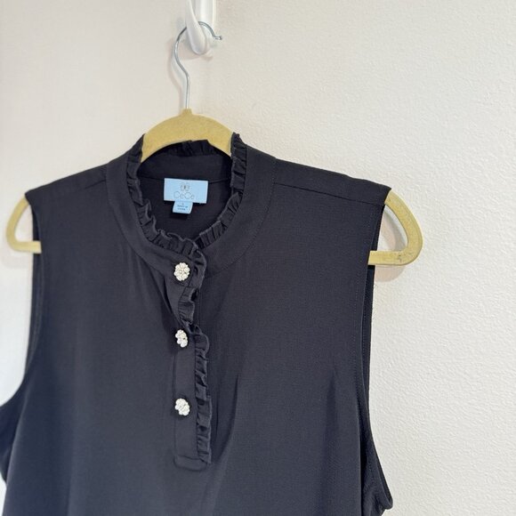 NWT Cece Tank Top Blouse Black L Ruffle Neckline Gem Rhinestone Button Holiday - Picture 2 of 7